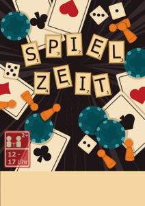 Spielkarten und Spielsteine mit dem Schriftzug SpielZEIT